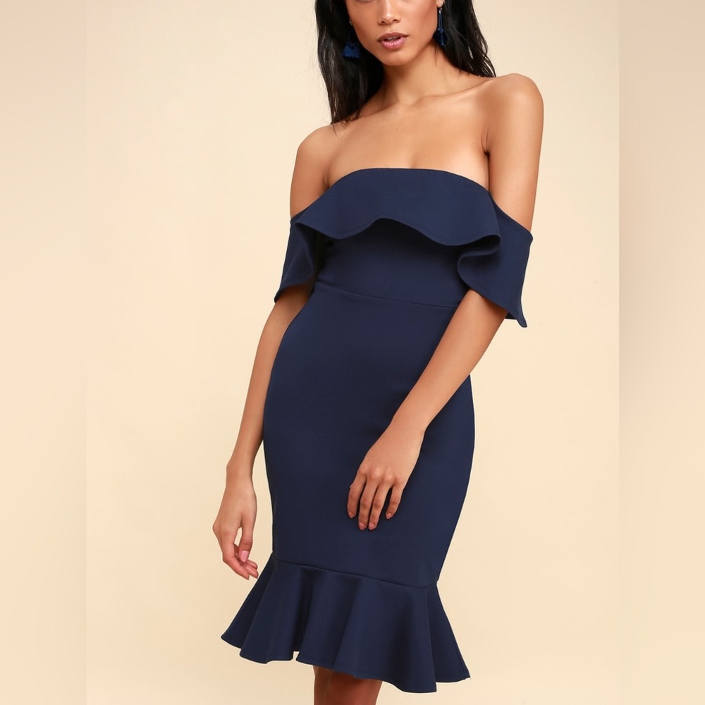 Lulu Confidence Boost Navy Blue Off-the-Shoulder Bodycon Dress
